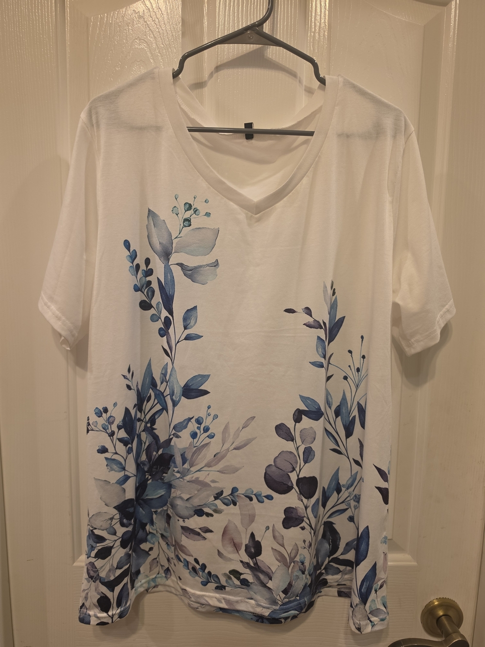 White V-Neck Tee with Blue Floral Border Print